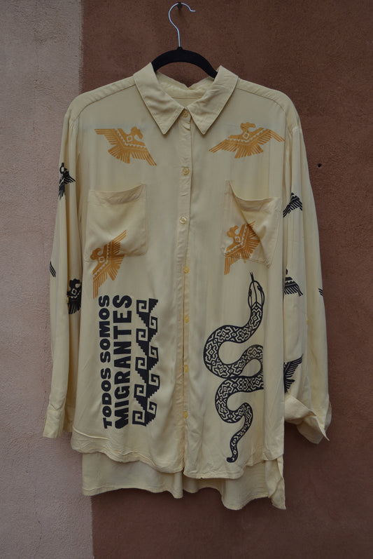 Upcycled ~ Yellow button up ~ screenprinted