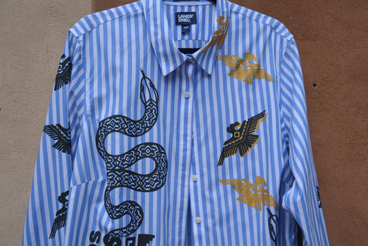 Upcycled ~ Stripped button up ~ Screen printed