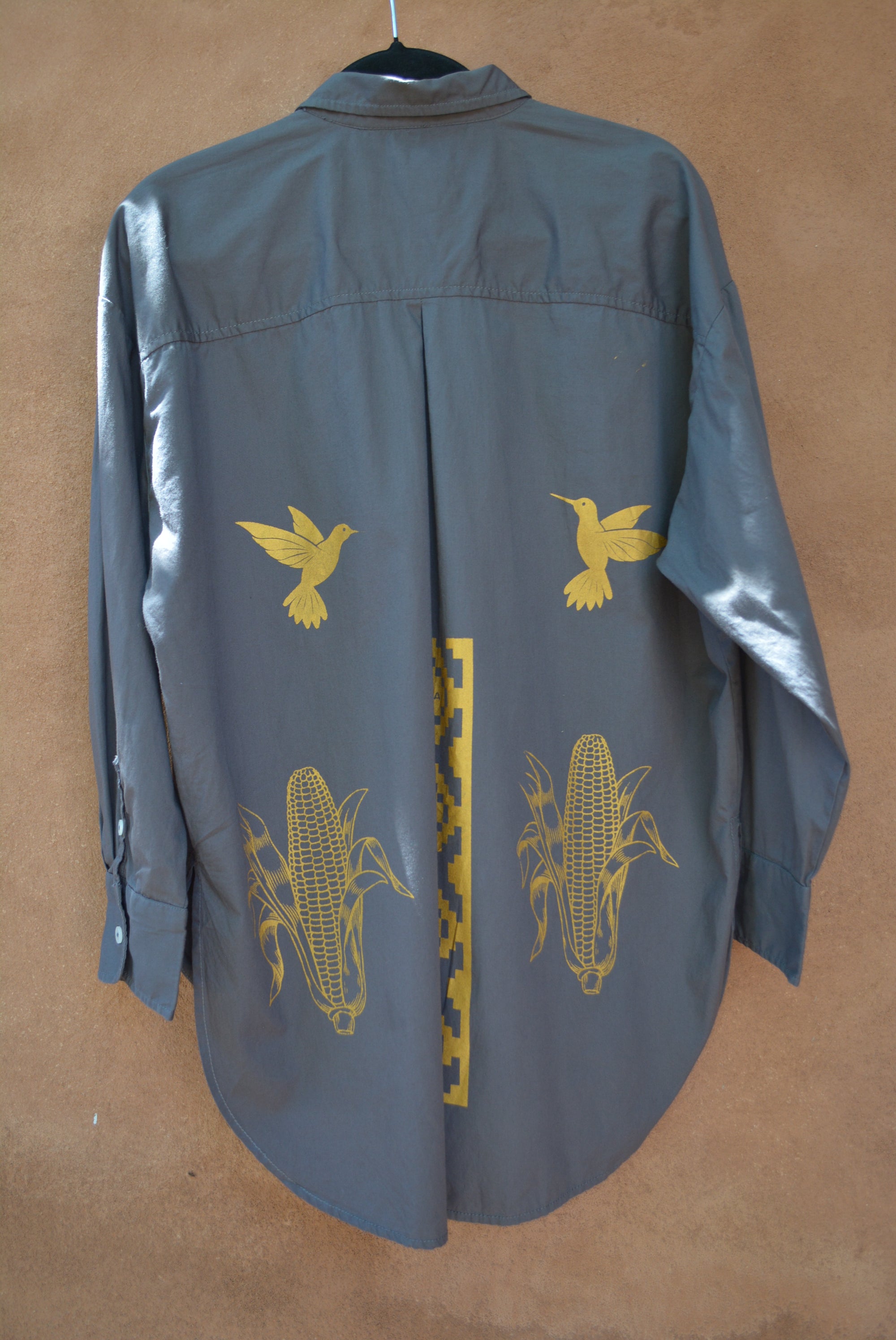 Upcycled ~ Grey button up ~ Screen printed