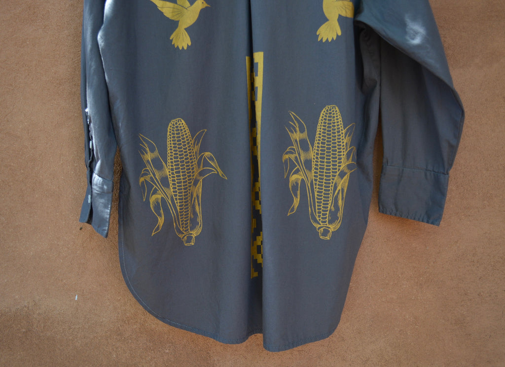 Upcycled ~ Grey button up ~ Screen printed
