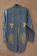 Upcycled ~ Grey button up ~ Screen printed