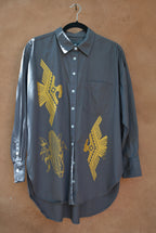 Upcycled ~ Grey button up ~ Screen printed
