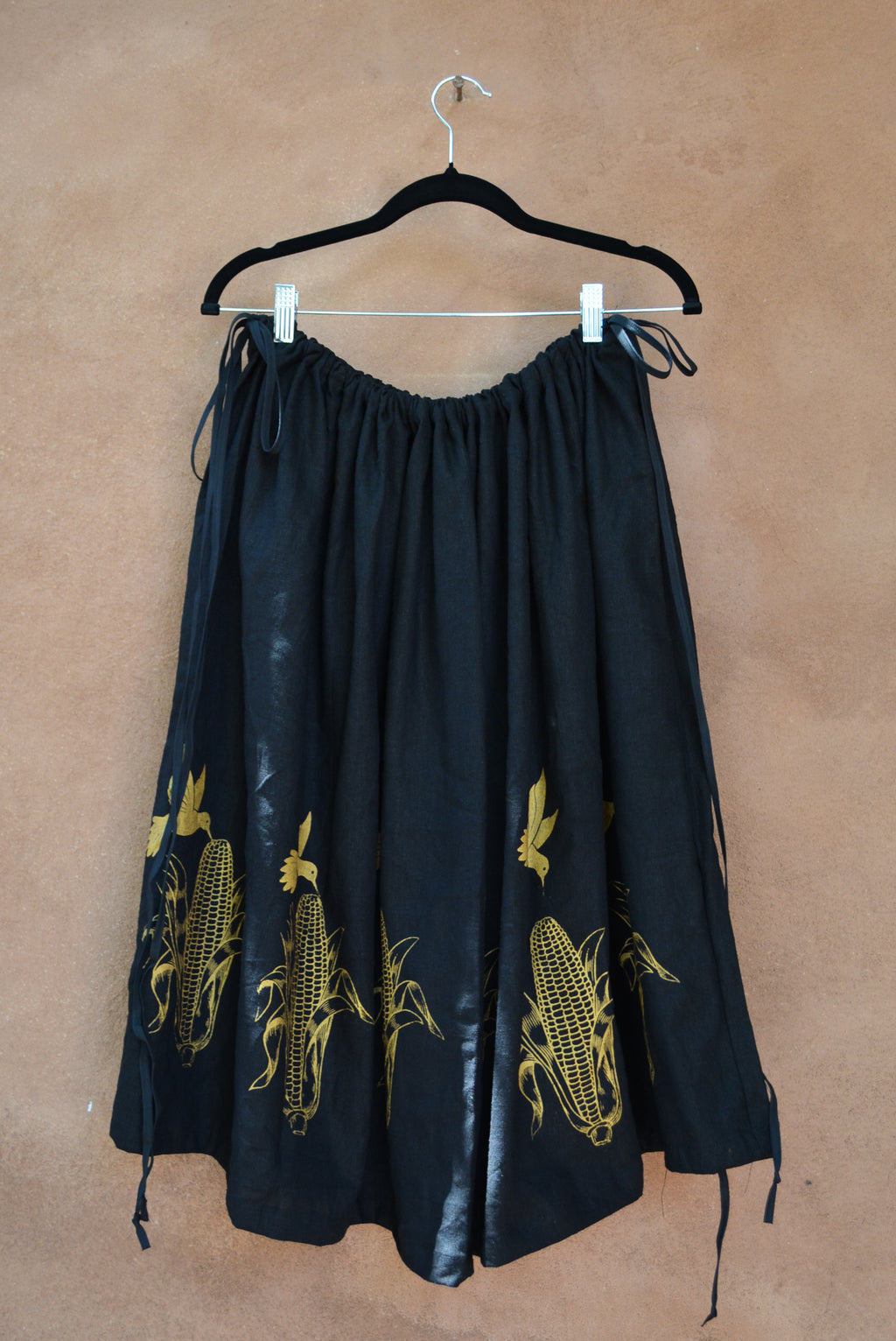 Black Drawstring Linen Skirt • Corn & hummingbirds