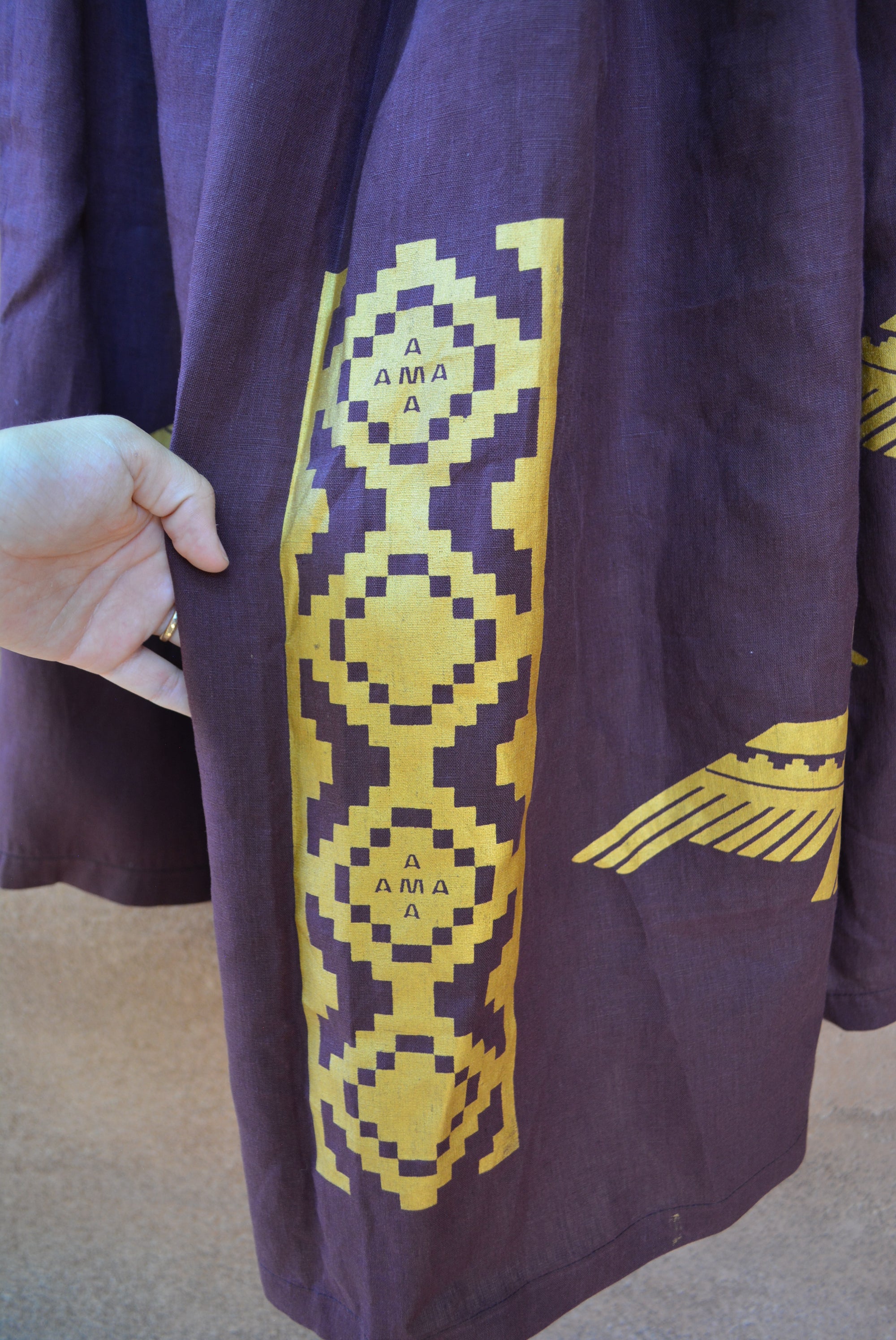 Burgundy Drawstring Linen Skirt ~ Gold condor & Ama