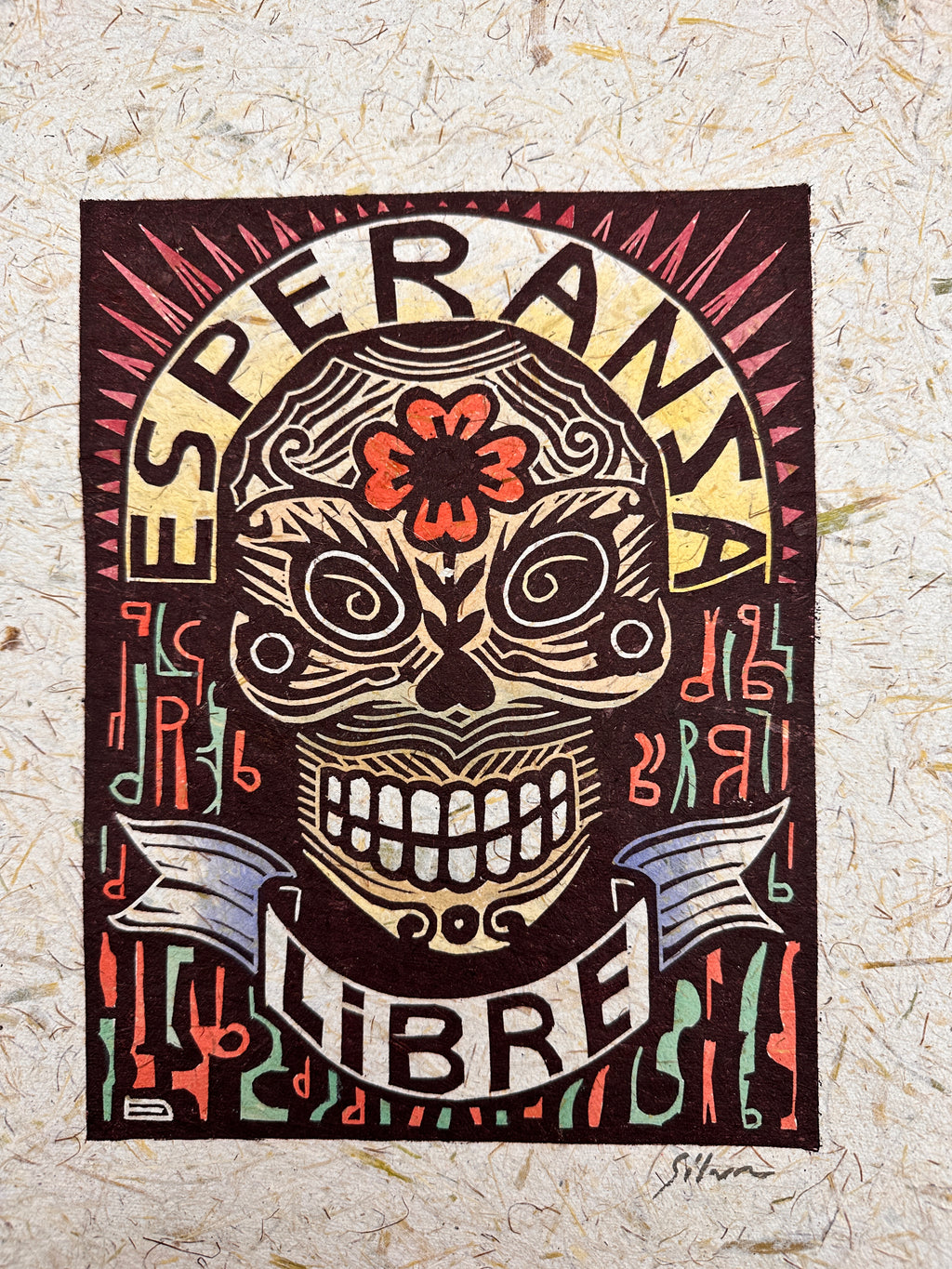 Lino Print ~ corn husk artisanal paper ~ Esperanza Libre