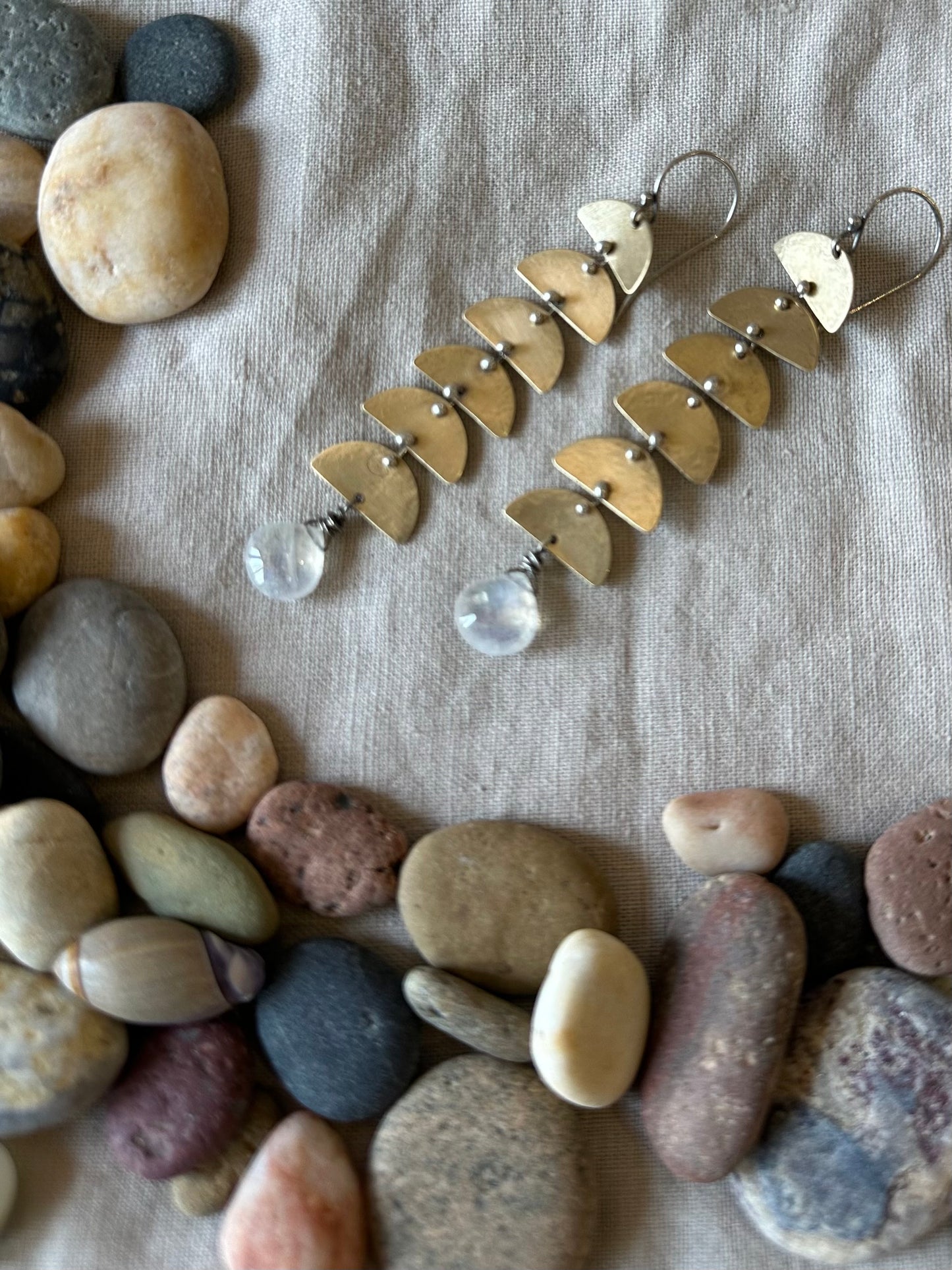 Rainbow Moonstone Connected Lunar earrings - Brass & Sterling Silver