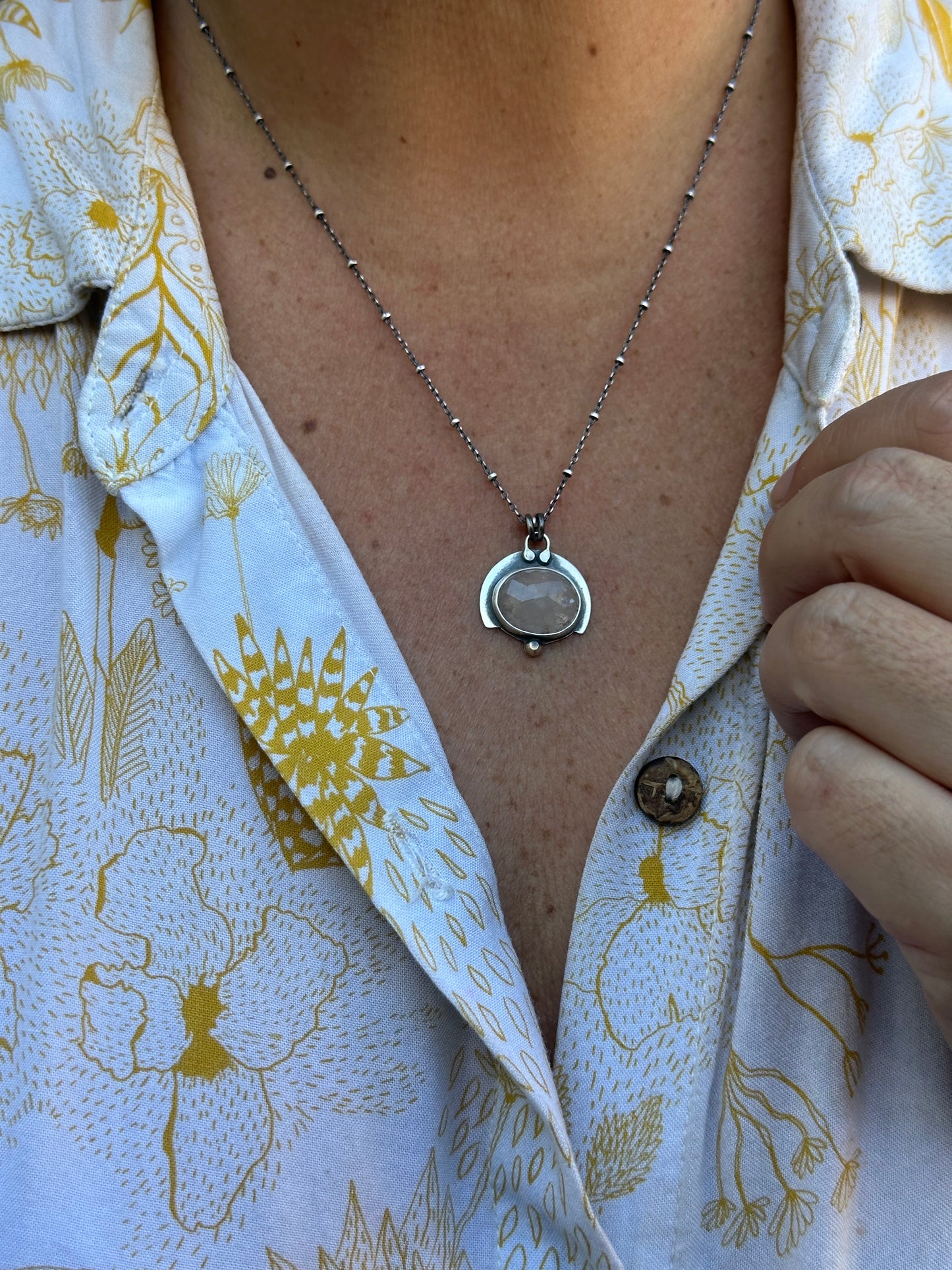 Rose quartz Stone Sunset Necklace ~ Sterling Silver and bronze