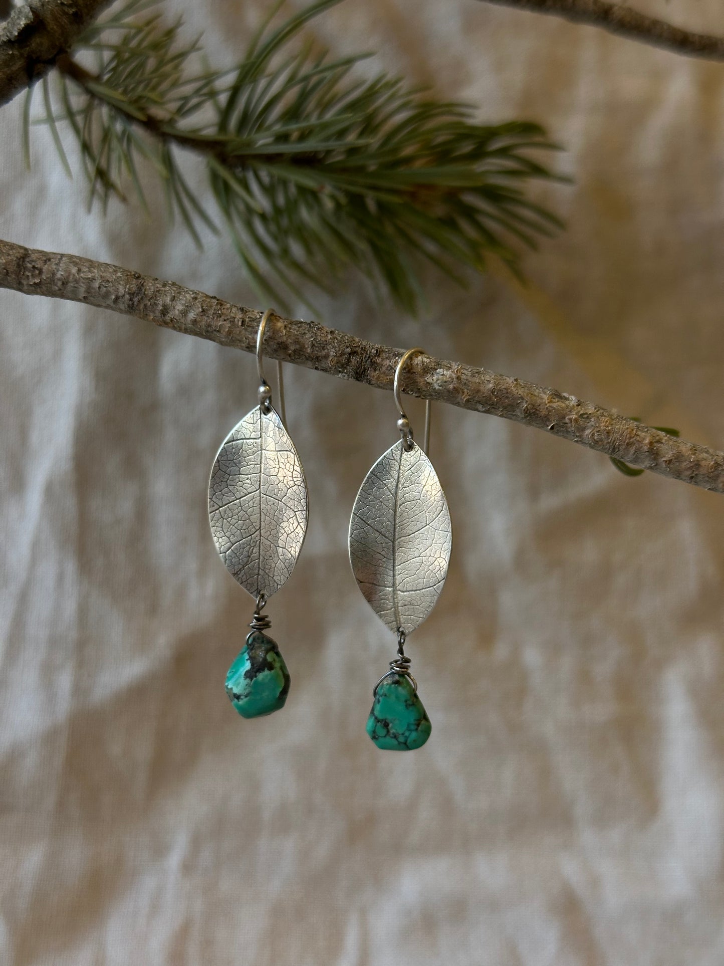 sterling silver leaf earrings  ~ turquoise and Sterling silver