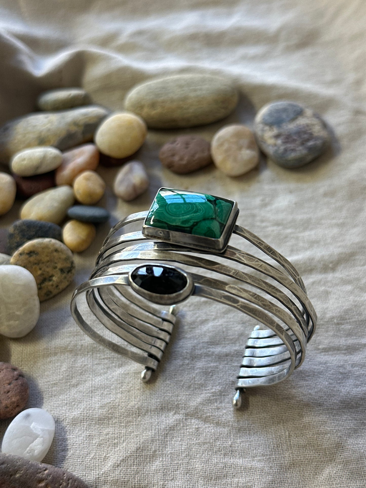 Stacked - Attached Bracelet -  Malachite and Black Spinel ~ Cuff with Movement