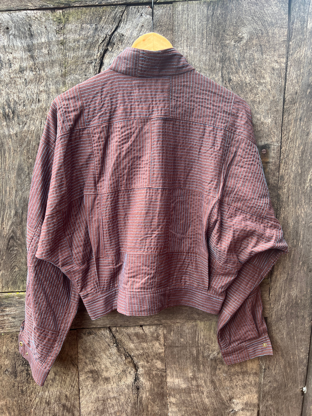Bomber Patched Jacket - Chocolate Linen with Turquoise threads