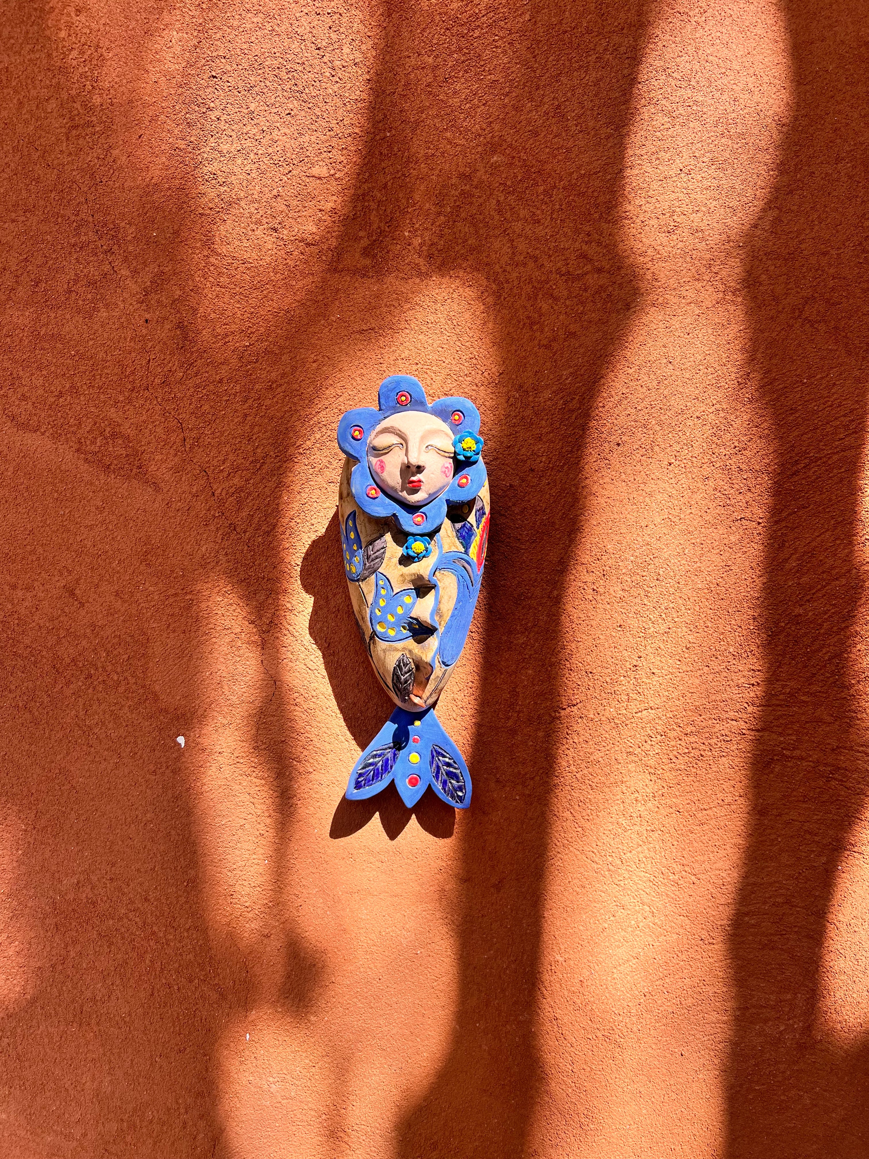 Blue & sand Wawa with fish tail ~ Small ~ art wall sculpture
