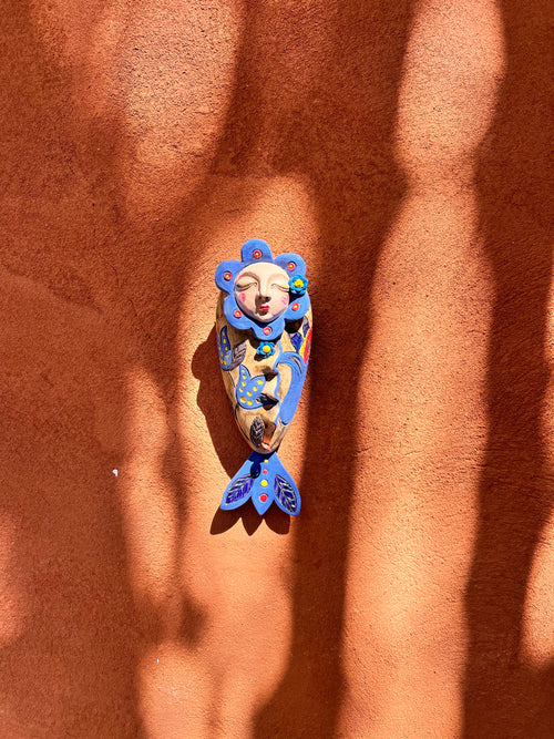 Blue & sand Wawa with fish tail ~ Small ~ art wall sculpture