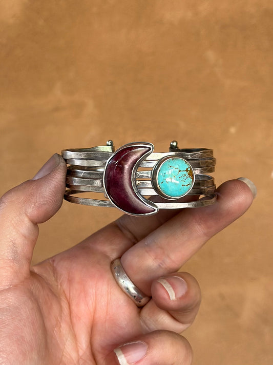 Lunar Stacked - Attached Bracelet - Spiny Oyster and Nevada Turquoise - ready to ship