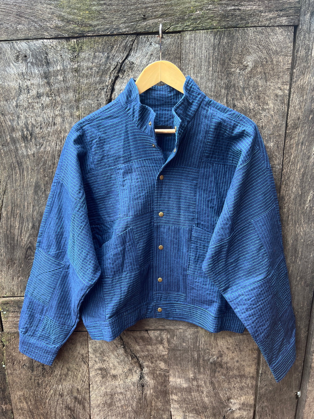 Bomber Patched Jacket - Blue Denim cotton with Turquoise threads