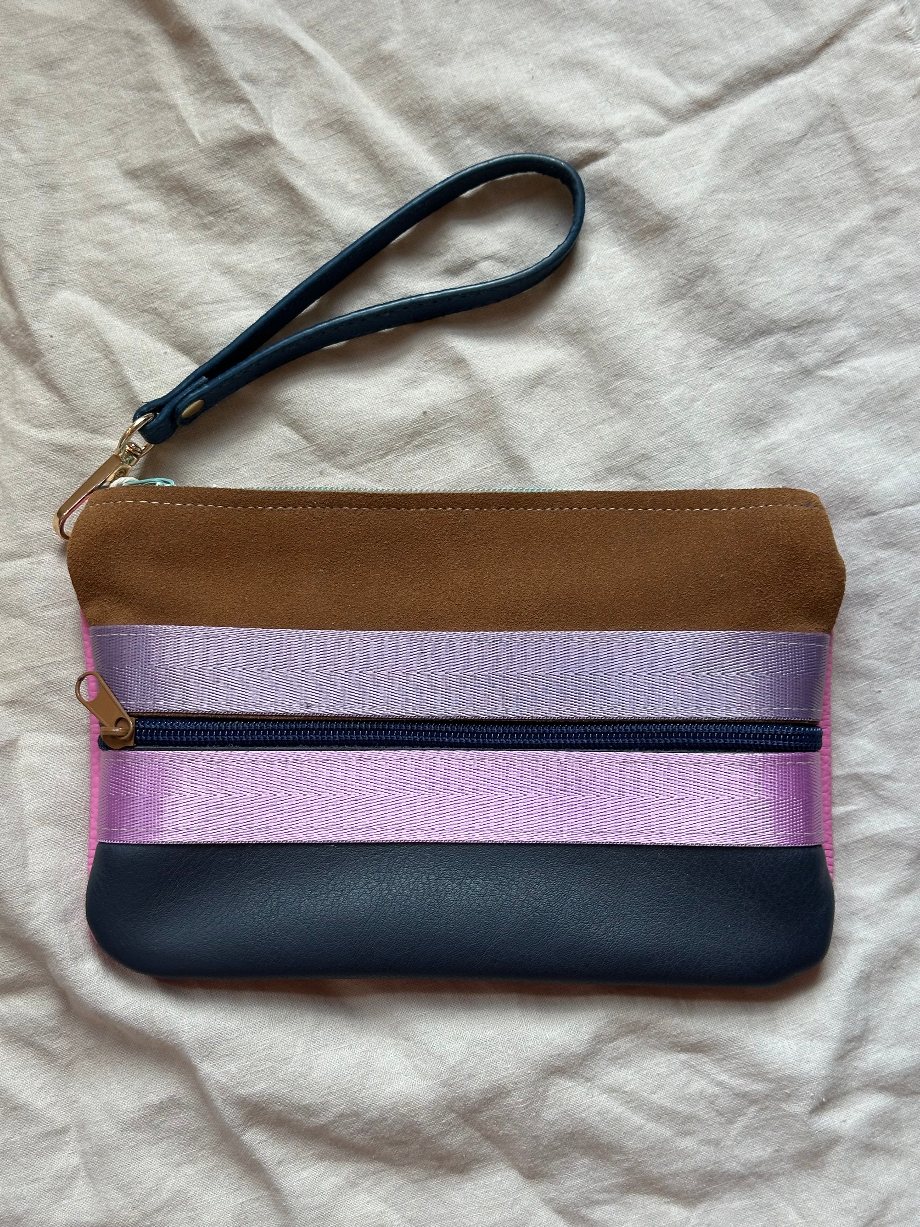 Leather wristlet double zip • color block • 8.5” x 5.5”