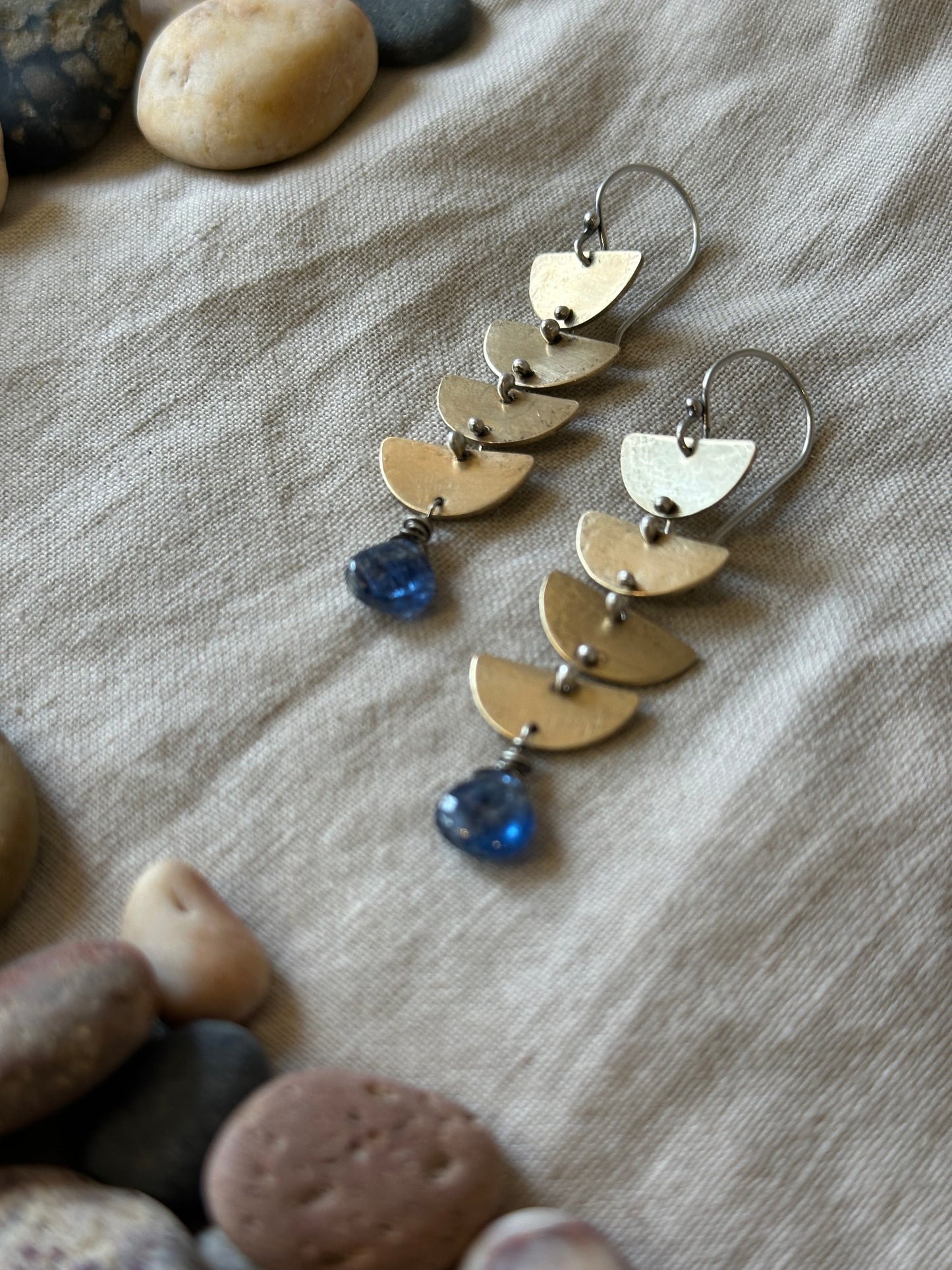 Blue Kyanite Connected Lunar earrings - Brass & Sterling Silver