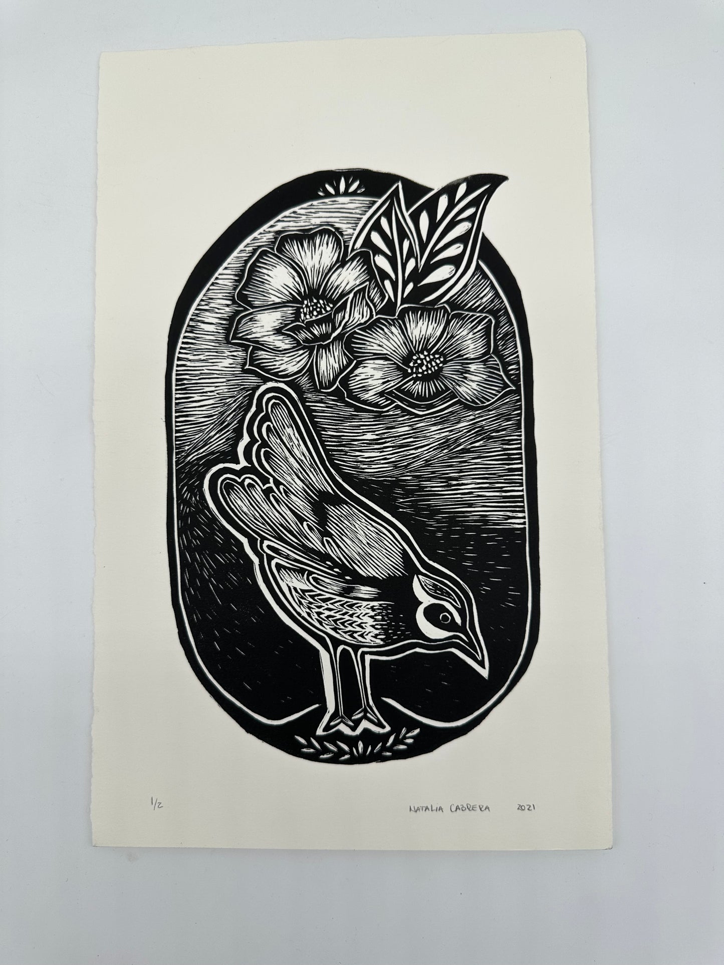 Bird and flower - Lino Print