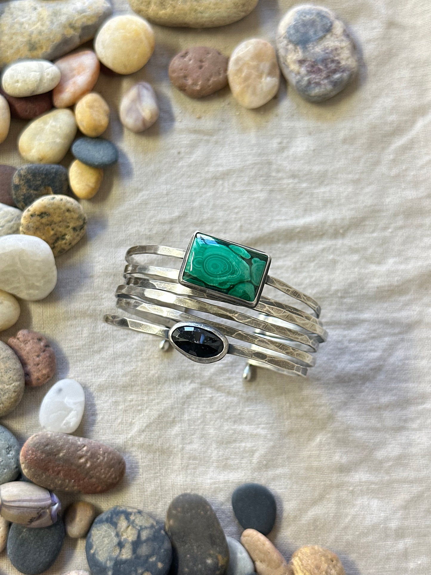Stacked - Attached Bracelet -  Malachite and Black Spinel ~ Cuff with Movement