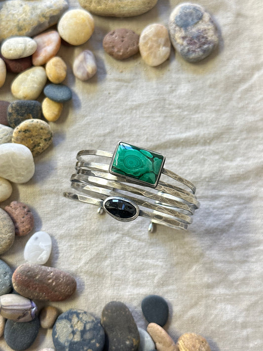 Stacked - Attached Bracelet -  Malachite and Black Spinel ~ Cuff with Movement