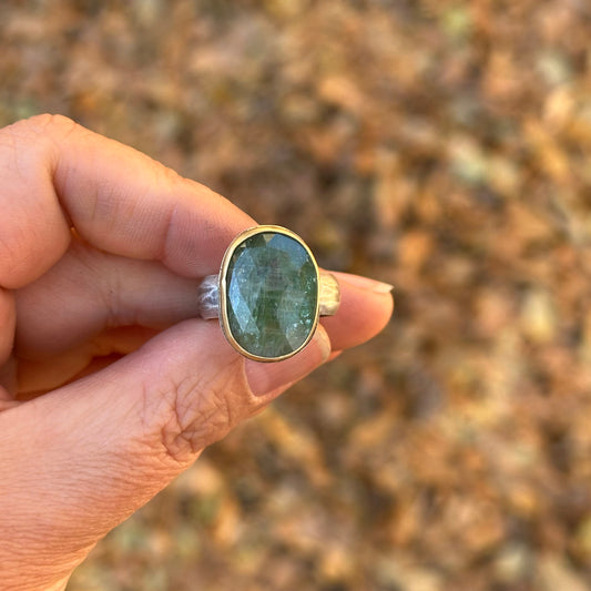 Green Kyanite ~ 22k Gold and Sterling Silver Ring - Size 7.5