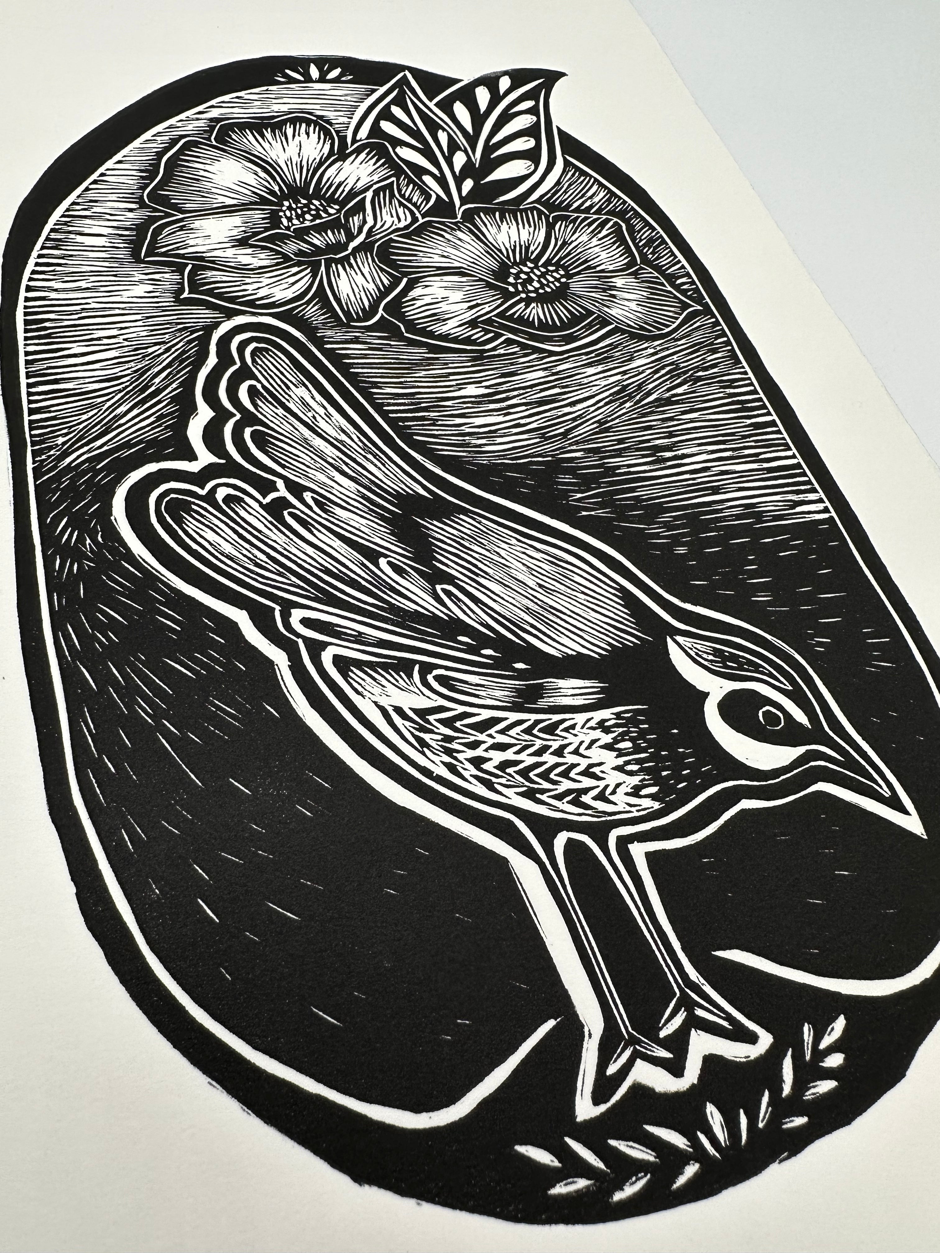 Bird and flower - Lino Print