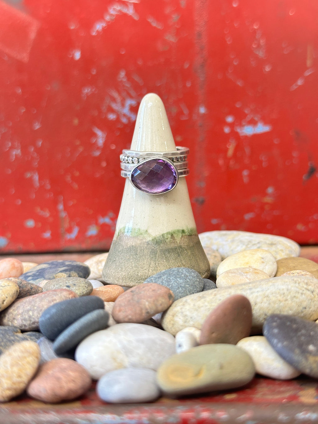 4-piece Amethyst and Sterling Silver • stackable ring set • set fits size 6.5