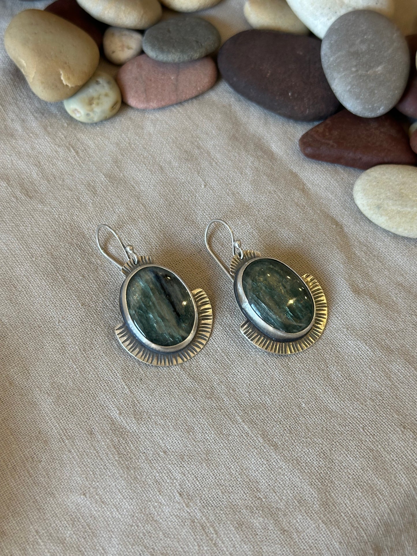 Green Kyanite  & sterling silver ~ Shield earrings