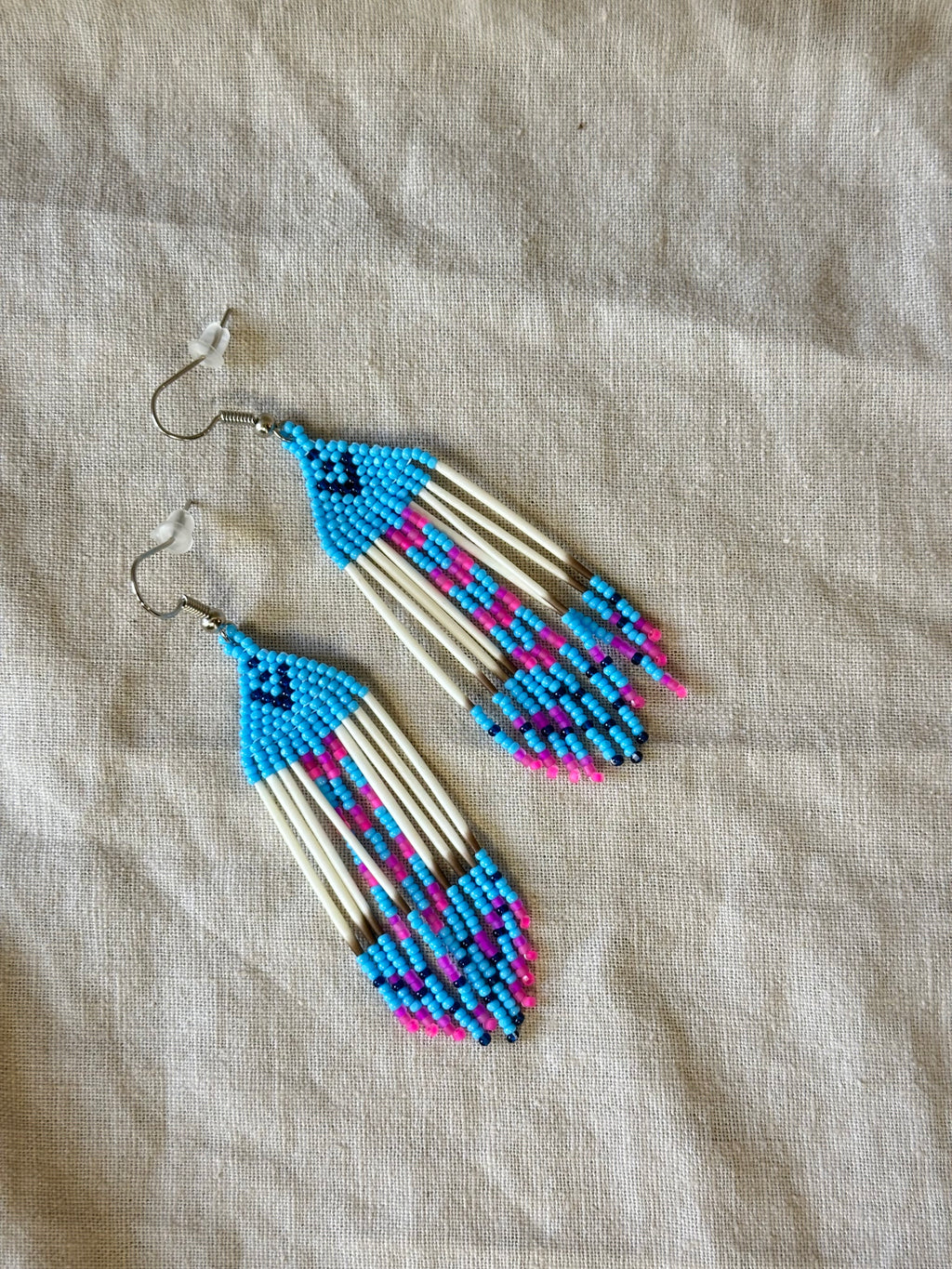 Beaded earrings - pink & turquoise - Porcupine Quills