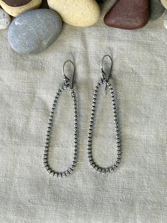 Beaded wire long hoops - Sterling Silver