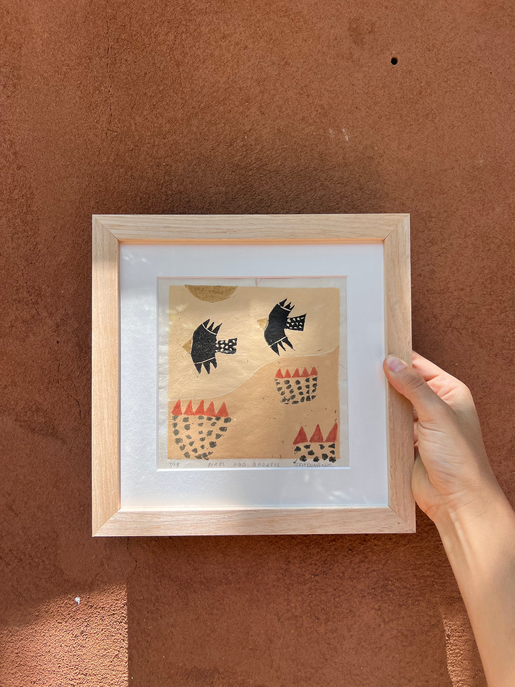 Birds and Barrels - Linocut 5”x5”