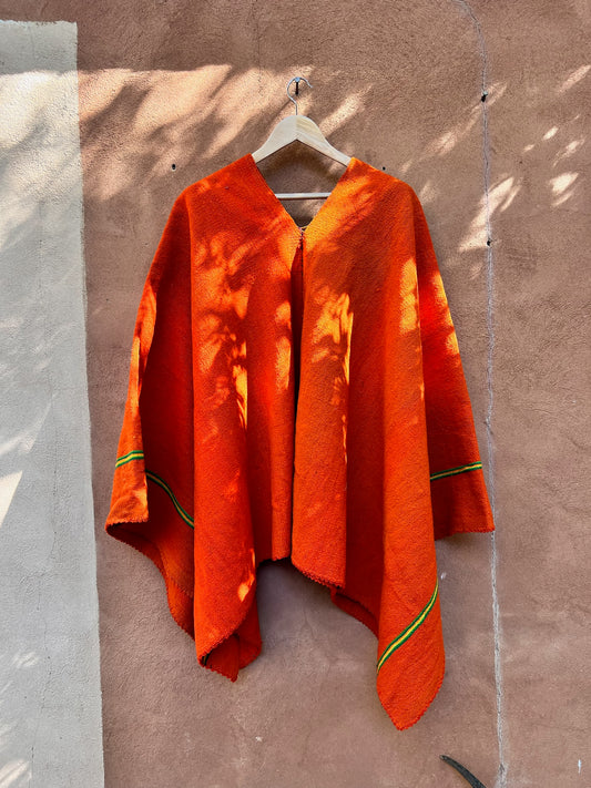 Vintage Sheep Wool Poncho - Orange with embroidery border