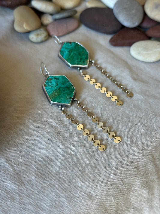 Peruvian Chrysocolla Dangle Earrings - Sterling Silver and Gold filled
