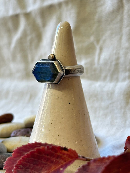 Hexagonal Labradorite and Sterling Silver Ring ~ Size 6.75