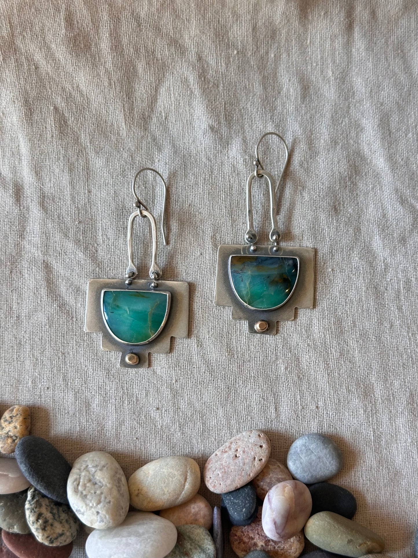Fossil Opal Wood Shield Earrings - Sterling Silver