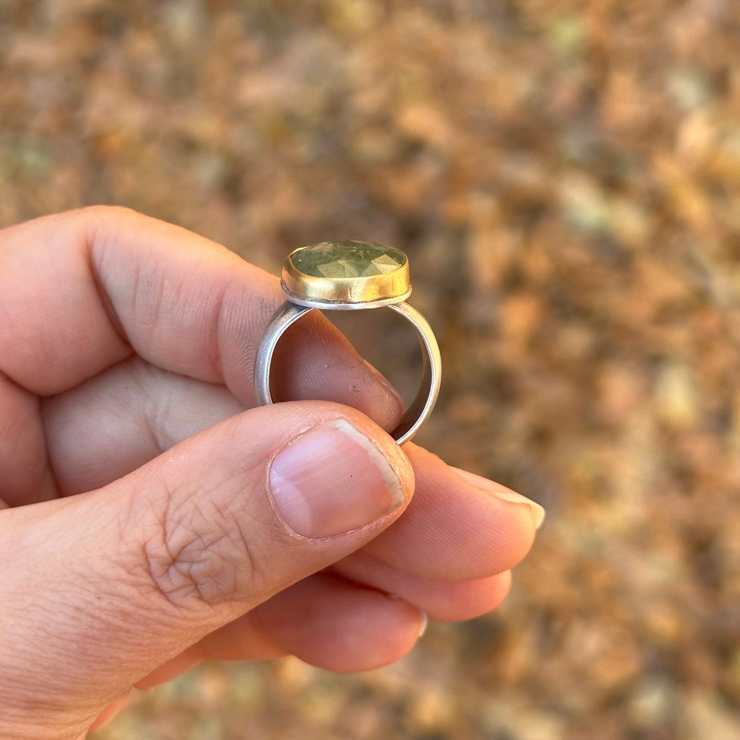 Green Kyanite ~ 22k Gold and Sterling Silver Ring - Size 7.5