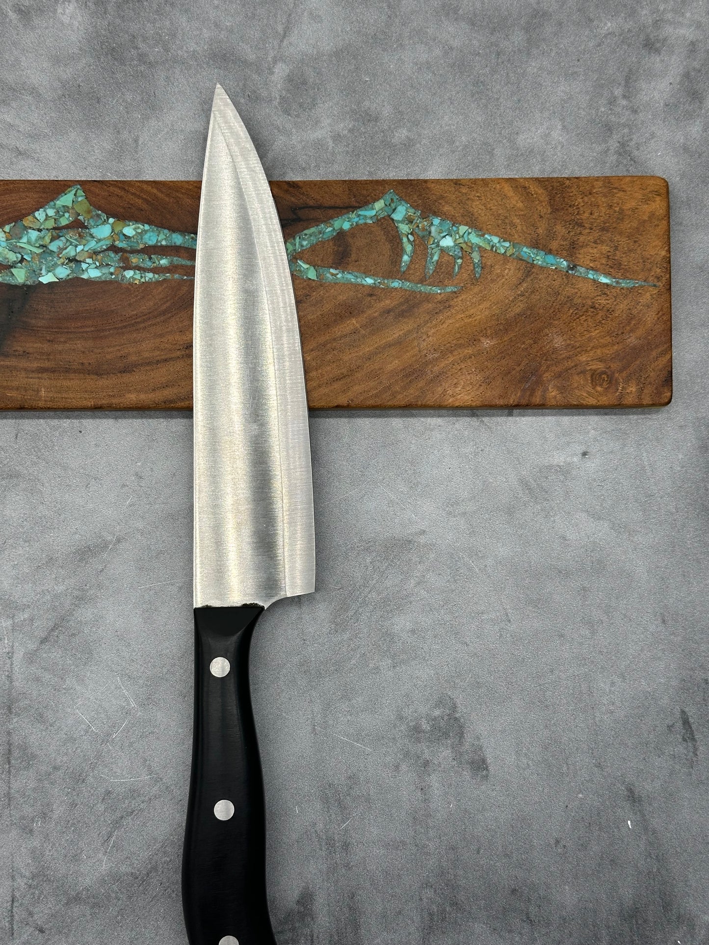 Knife block with Kingman turquoise inlaid ~ Mountains Design