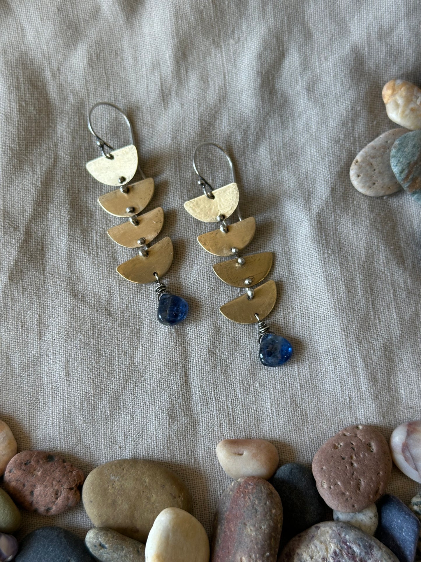 Blue Kyanite Connected Lunar earrings - Brass & Sterling Silver