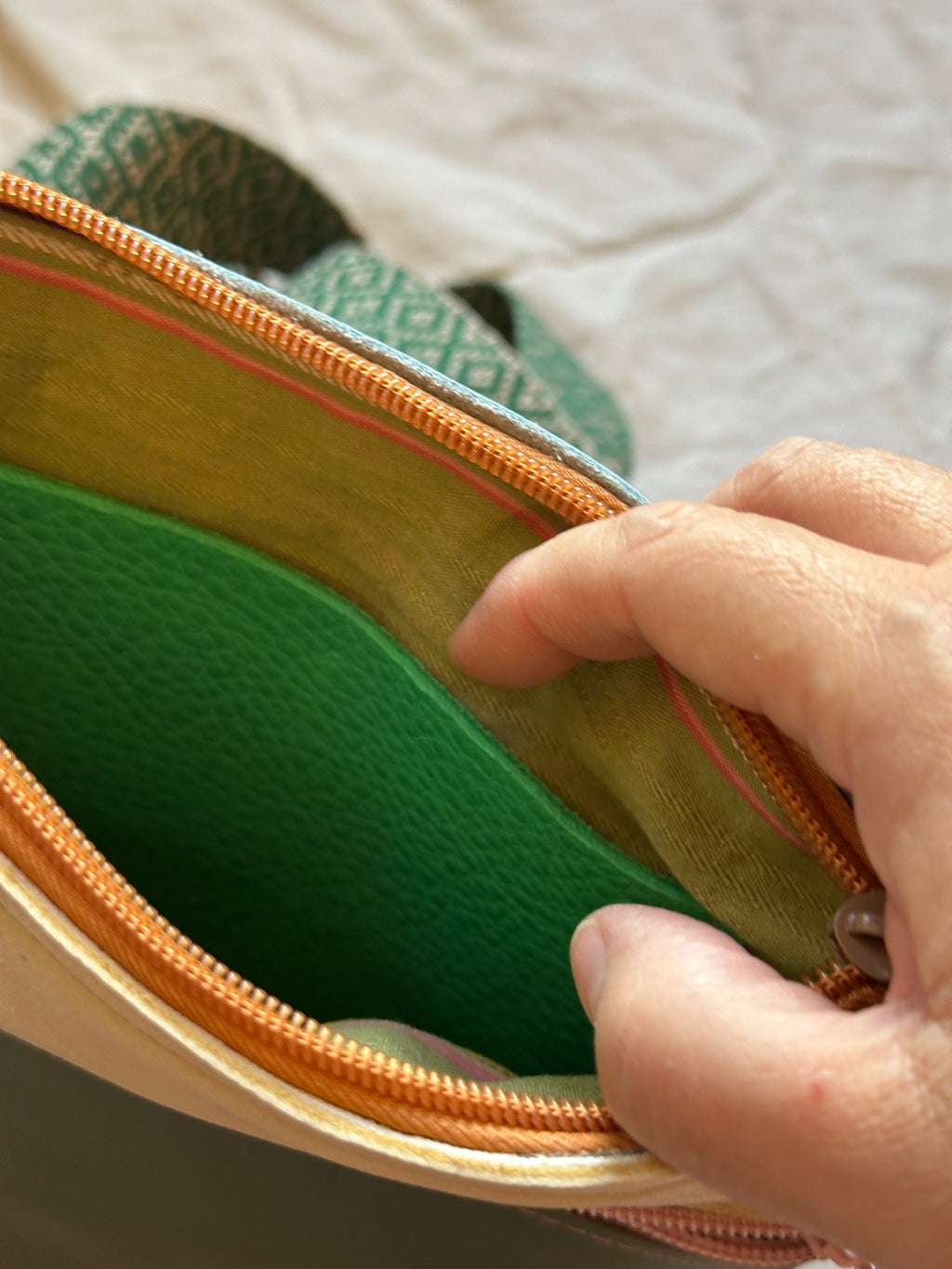 Crossbody Bag • Double Zip • Cream & Green
