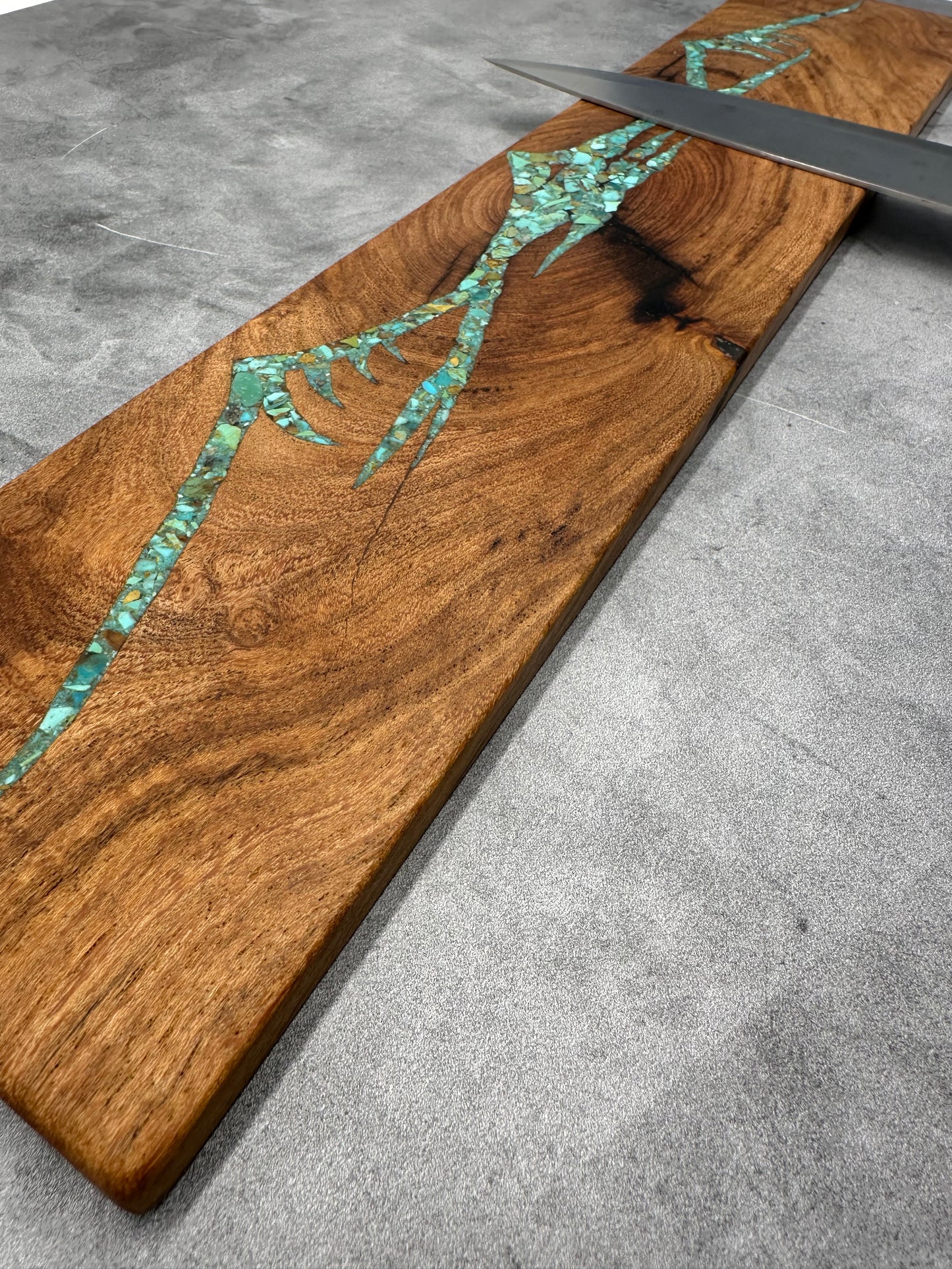 Knife block with Kingman turquoise inlaid ~ Mountains Design