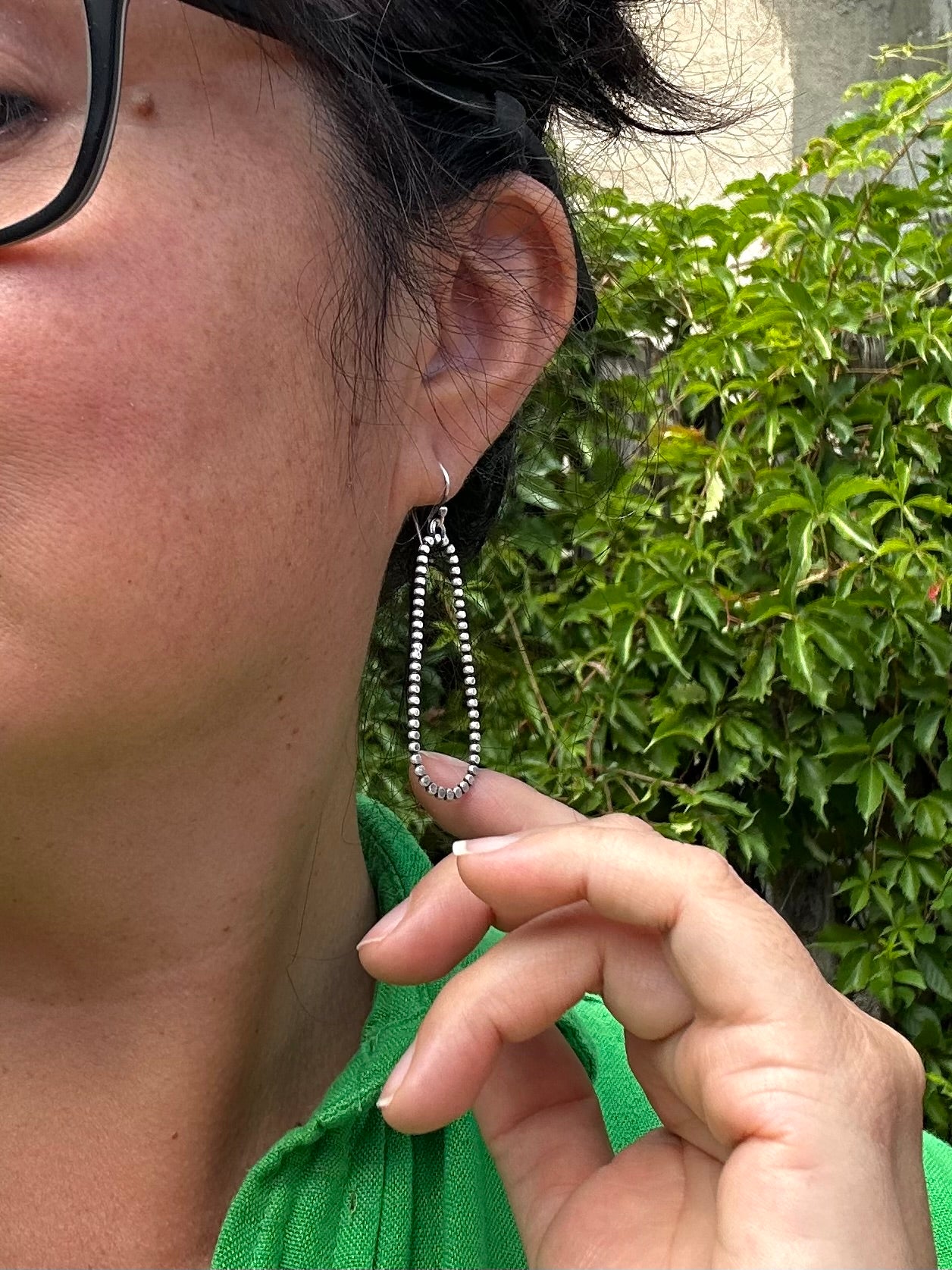 Beaded wire long hoops - Sterling Silver