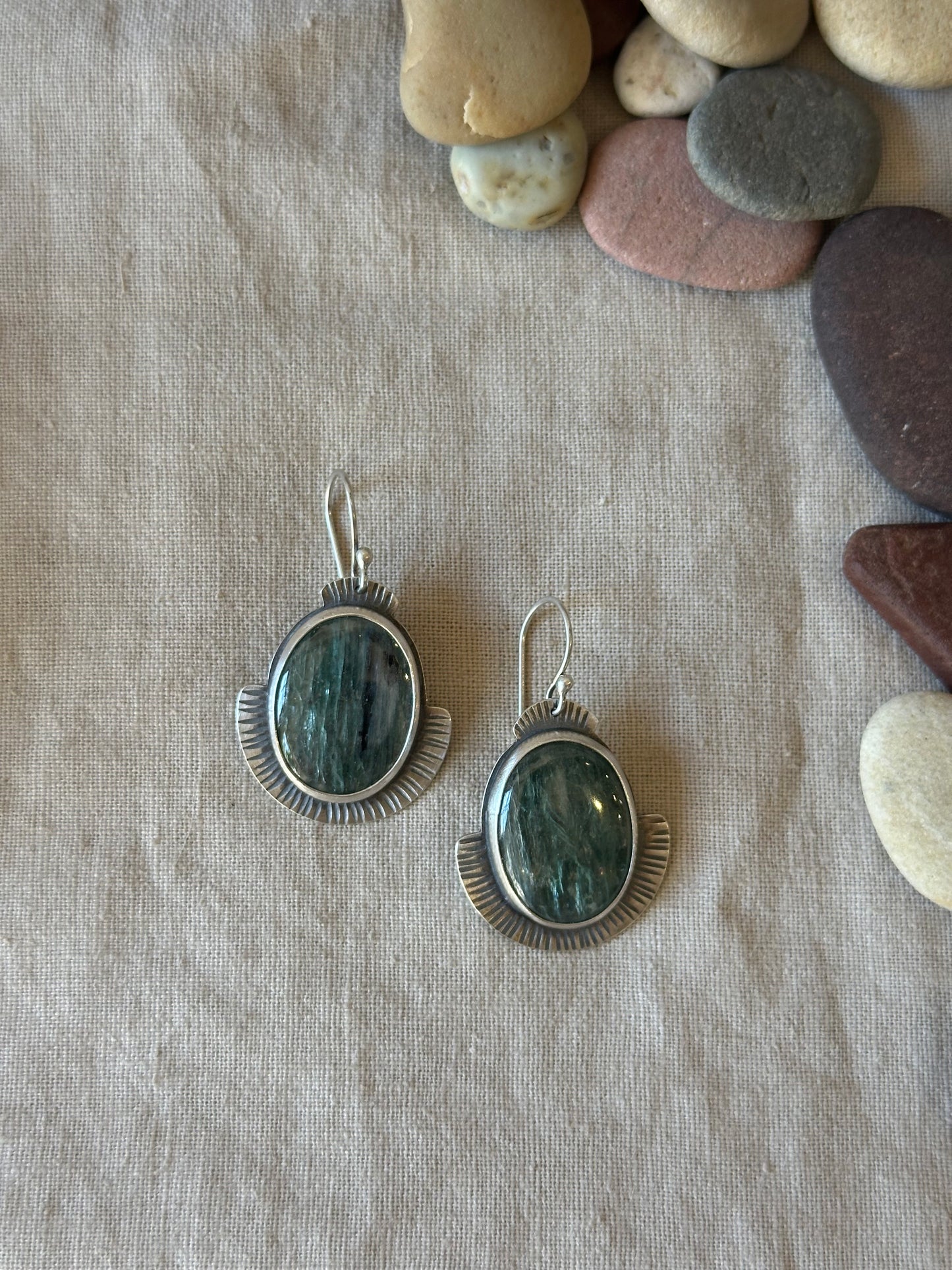 Green Kyanite  & sterling silver ~ Shield earrings