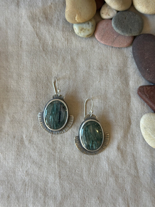 Green Kyanite  & sterling silver ~ Shield earrings