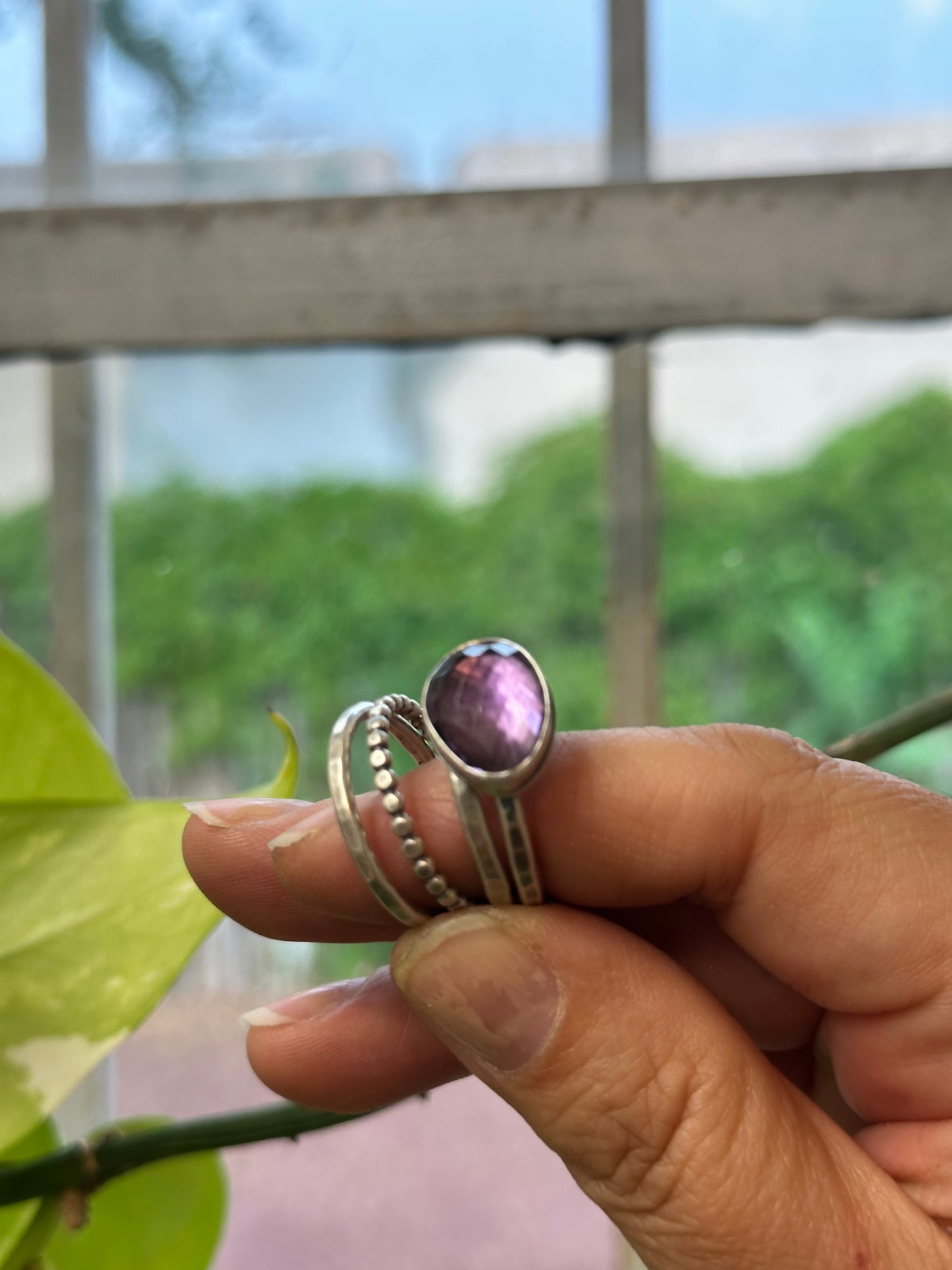 4-piece Amethyst and Sterling Silver • stackable ring set • set fits size 6.5