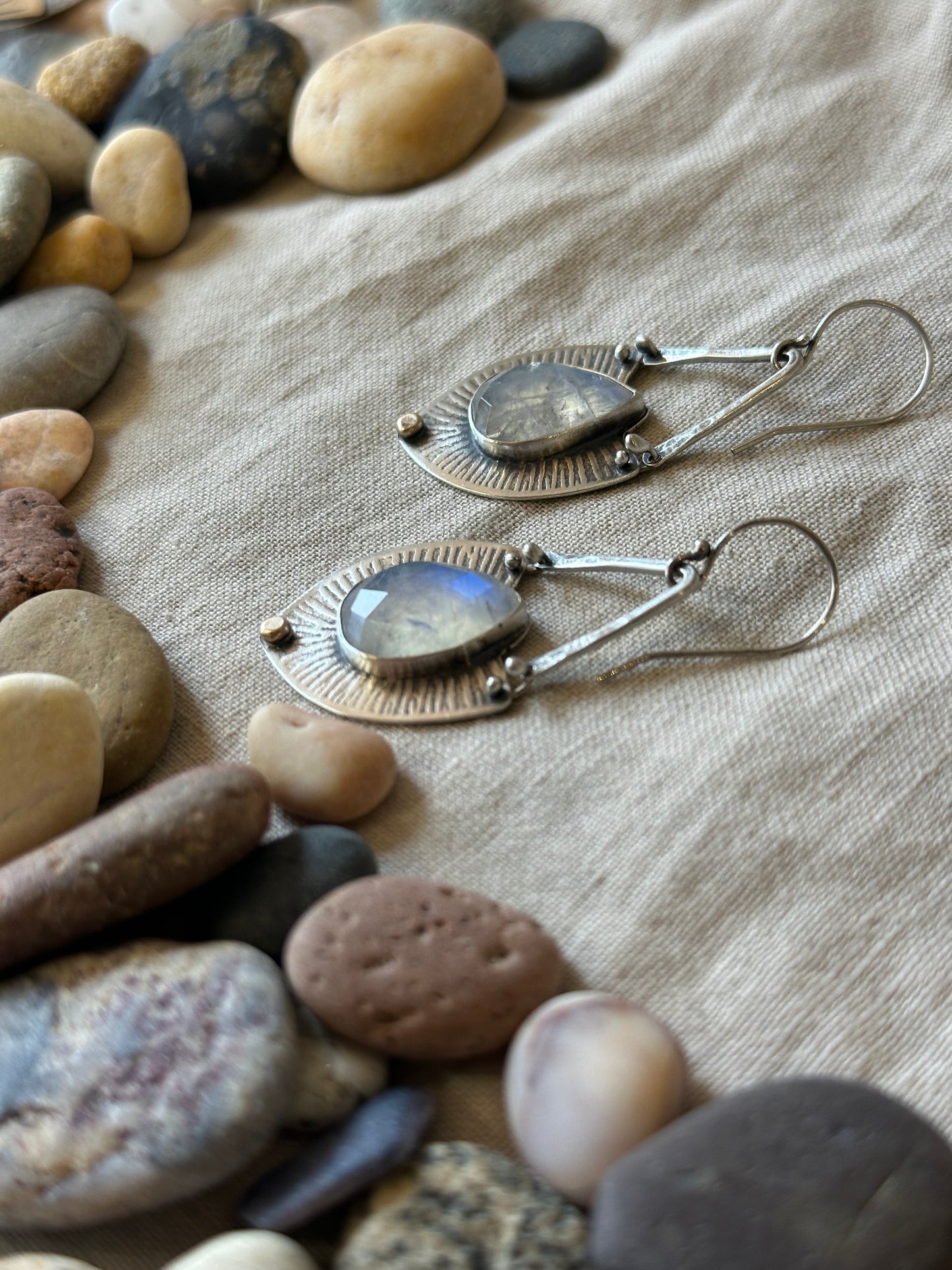 Rainbow Moonstone Statement Earrings - sterling silver and bronze dot