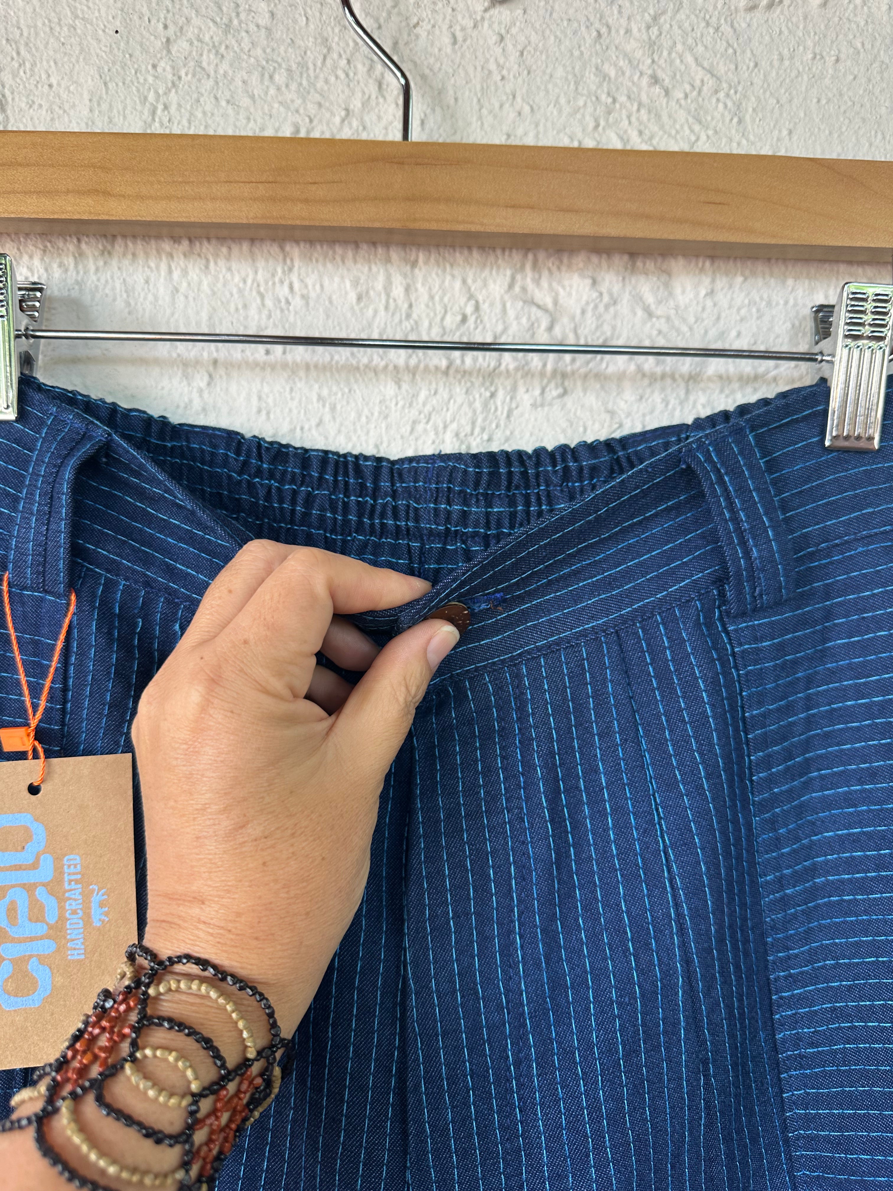 High Waisted Barrel Pants - Blue Denim & turquoise thread