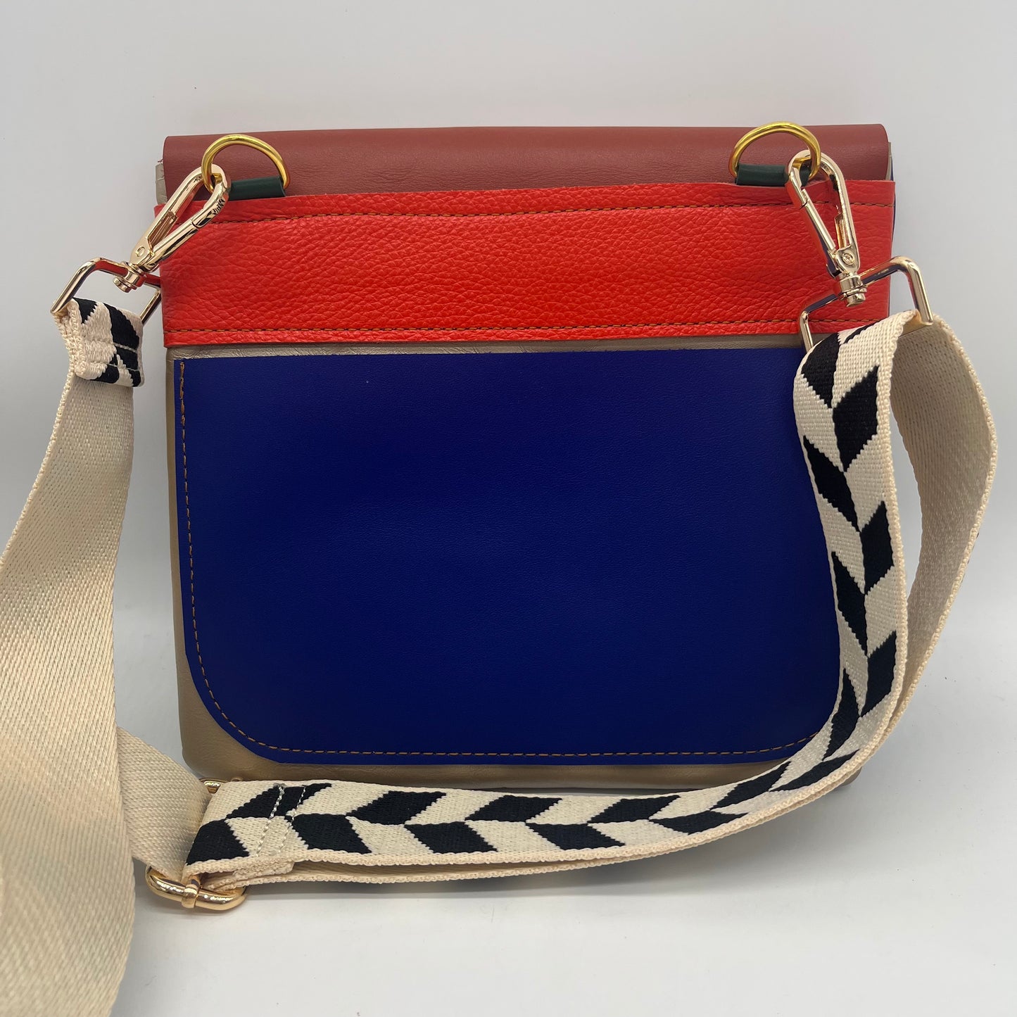 Medium Crossbody Bag ~ Brown & blue leather ~ red zipper