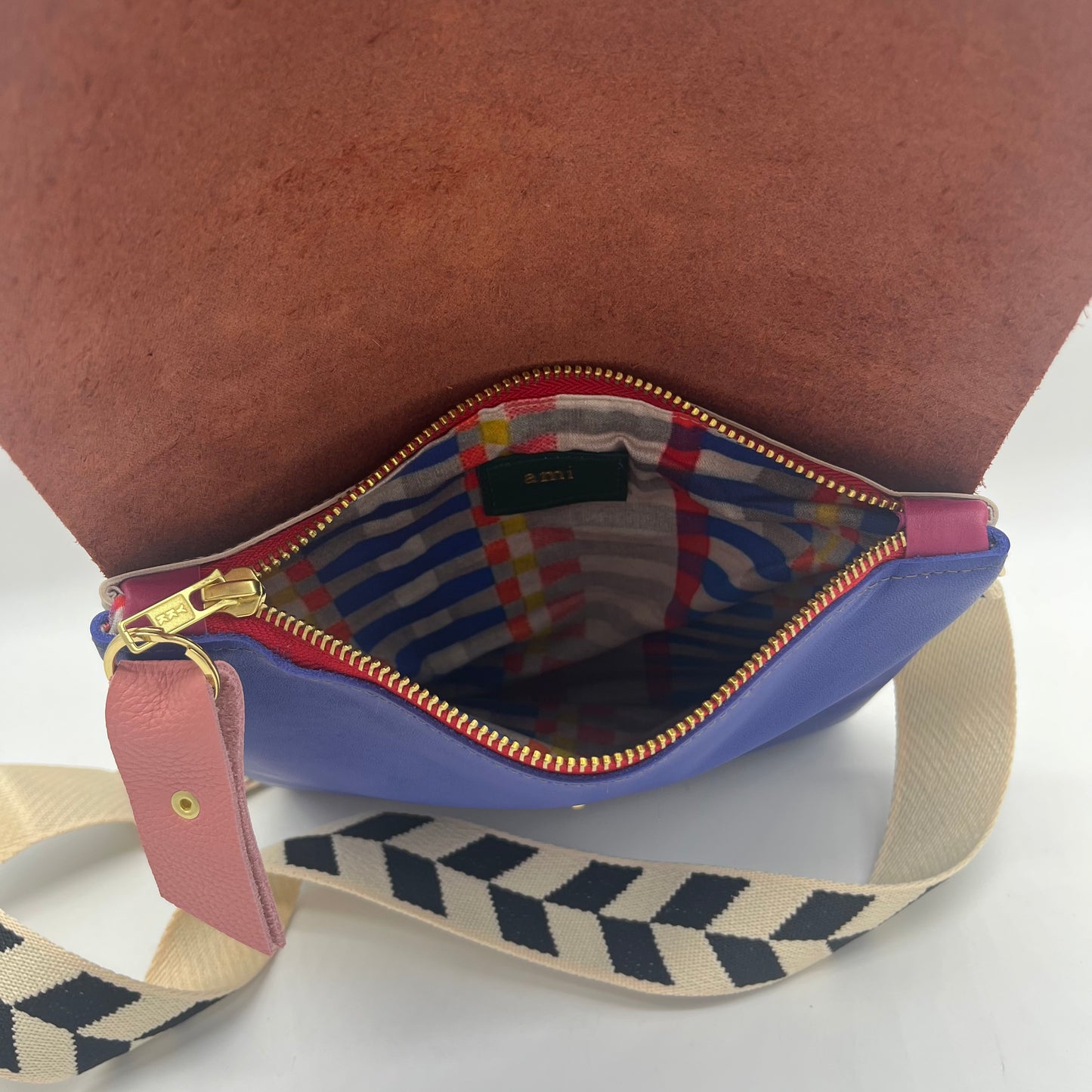 Medium Crossbody Bag ~ Brown & blue leather ~ red zipper