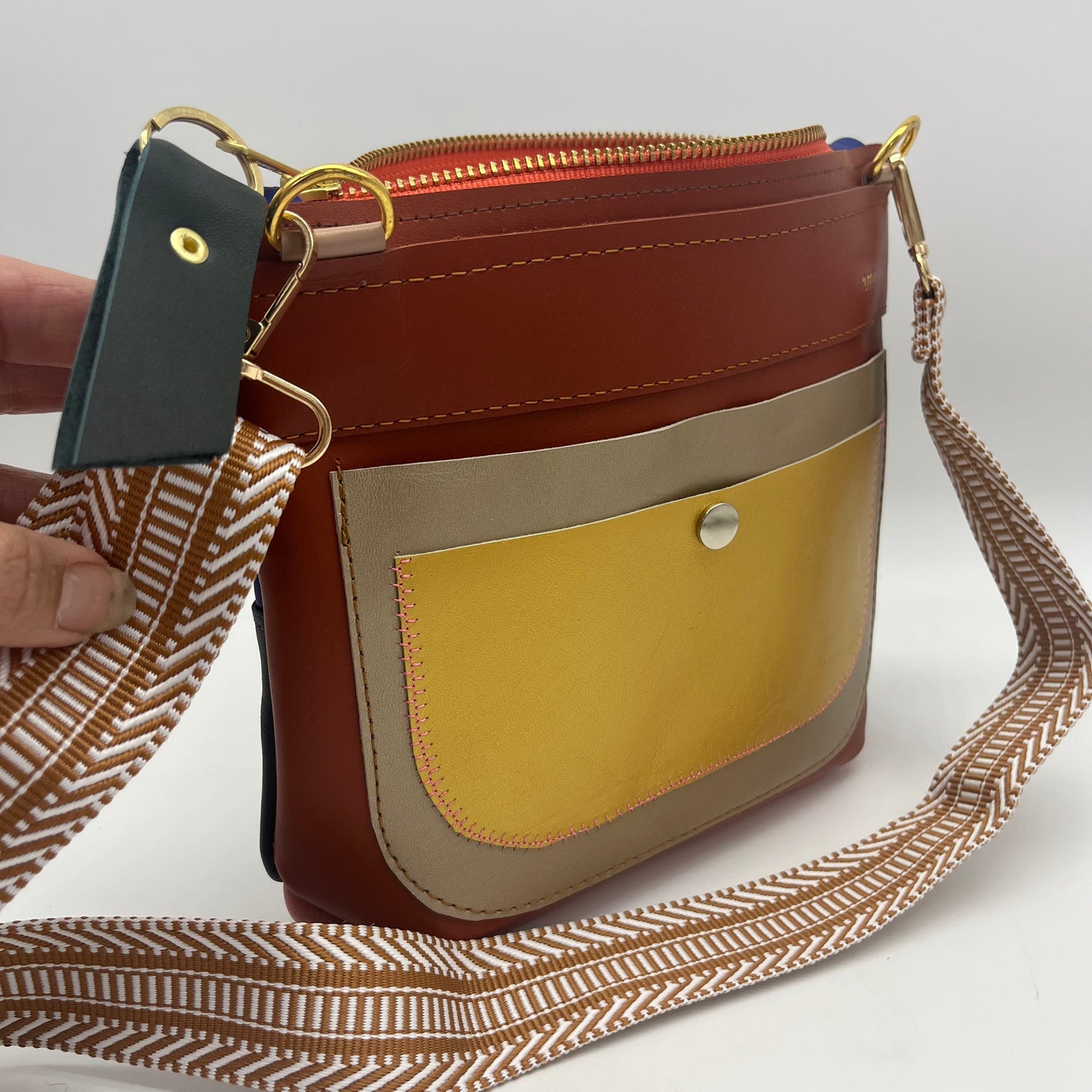 Medium Crossbody Bag ~ reddish brown & black leather ~ orange zipper