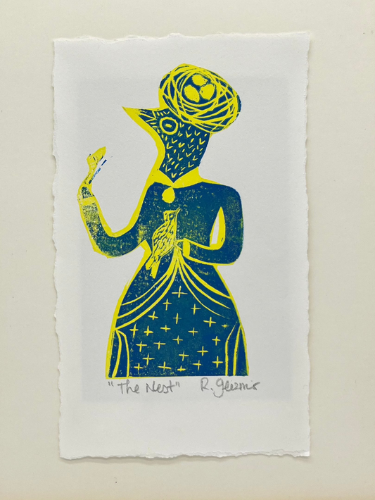 "The Nest" - Linocut Print 5x7 - Blue & yellow
