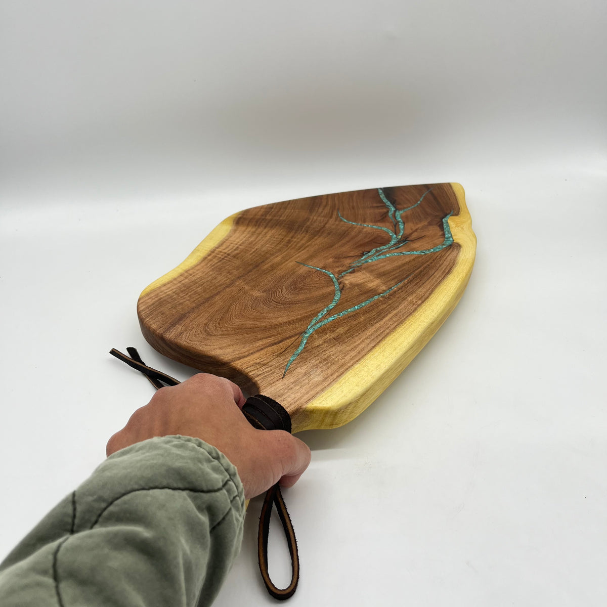 Mesquite cutting board with Kingman turquoise Cielo Handcrafted